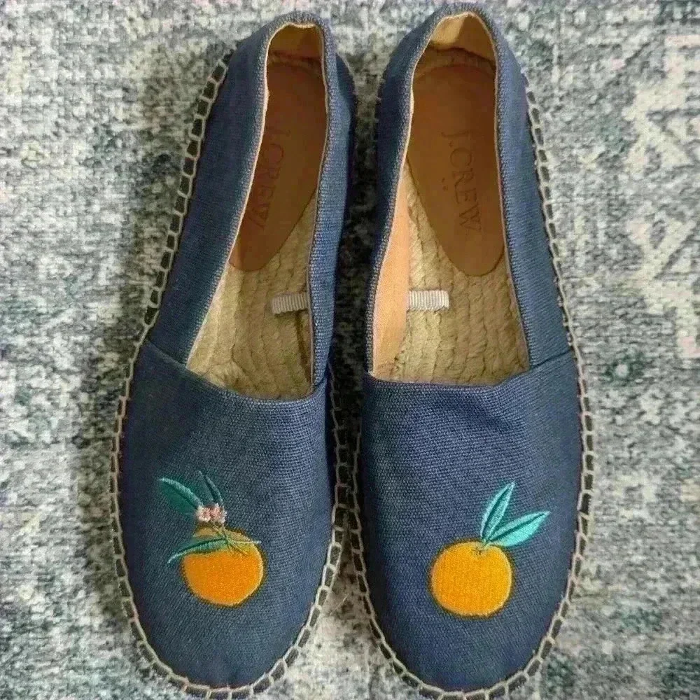 BNWOT J Crew Blue Canvas Espadrilles With Embroidered Oranges Size 5.5